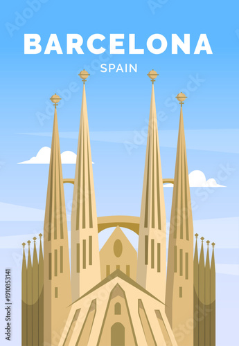 Photography Barcelona Spain Sagrada Familia travel modern poster illustration in flat style