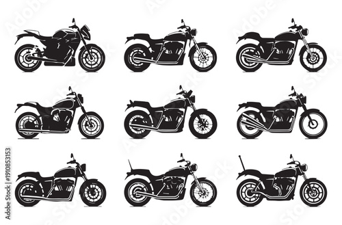 Detailed motorcycle silhouettes collection featuring classic cruiser and sport bikes for graphics