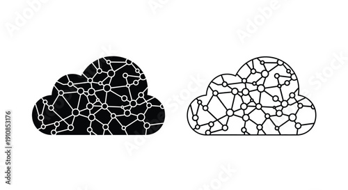 Two cloud designs with interconnected node patterns in contrasting styles