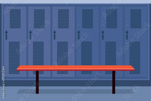 Locker and chair vector. Empty sport changing room with lockers background.