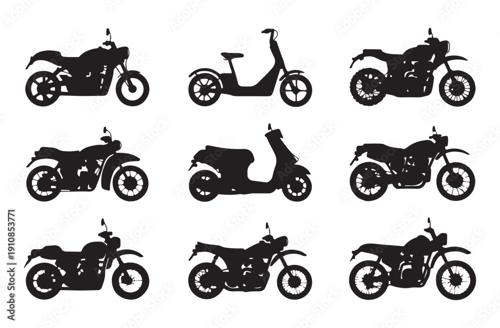 Obraz premium Diverse motorbike silhouette collection with various models of street bikes and electric scooters