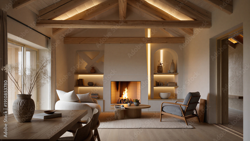 Fototapeta premium Cozy living room with fireplace and modern furniture interior design