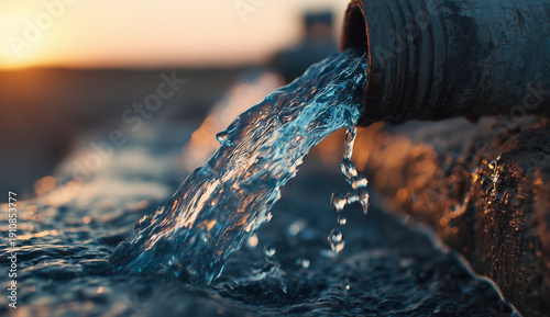 water flowing out of an old water pipe at sunset, representing clean and potable drinking water for people