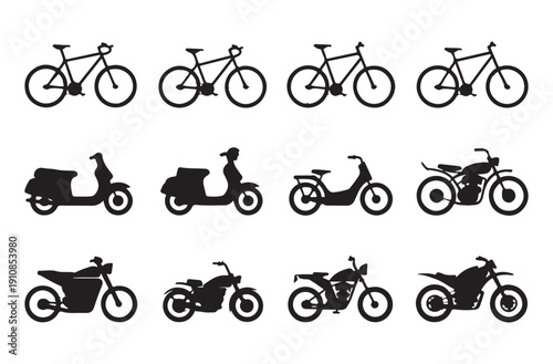 Black silhouette collection of bicycles and motorcycles, various motorbikes and bikes vector set