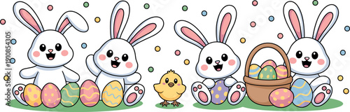 Cute Easter bunny vector illustration set featuring adorable white rabbits with colorful patterned eggs and a yellow chick.
