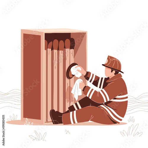Firefighter Cleaning Helmet. Firefighter Equipment Maintenance. Safety Gear Care. Illustration.