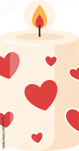 A lit candle with hearts adorned on its surface is viewed from the side in a simple illustration