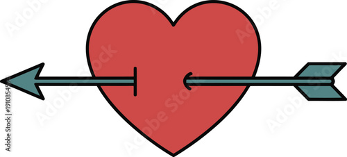 A red heart pierced by an arrow, symbolizing love, from a straightforward viewpoint.