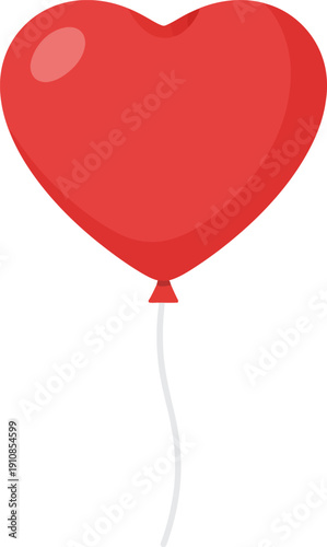 A bright red heart-shaped balloon floating in the air, tied to a thin string, isolated on a plain background, viewed from the side, symbolizing love and celebration