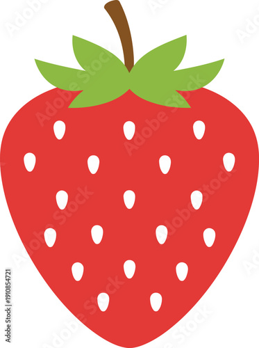 Vibrant illustration of a ripe strawberry with green leaves and seeds, viewed from the front.