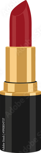 Red lipstick illustration on a black tube with gold accents from a front viewpoint