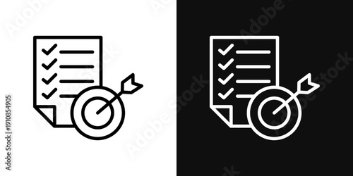 Accomplished goals and objectives icons set in black and white thin line stroke