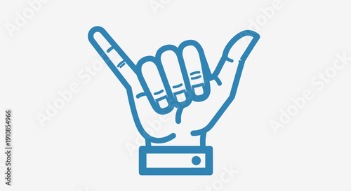 Blue Outline Hand Making Shaka or Hang Loose Gesture on Isolated White Background
