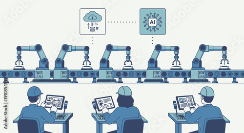 People working with robotic arms on a production line in a modern factory with cloud and AI integration