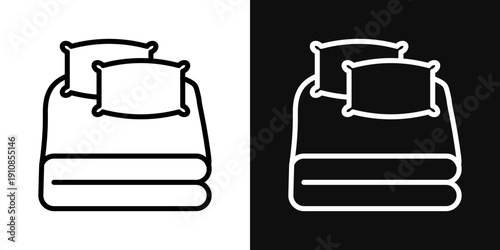 Bed linen set with pillows icons set in black and white thin line stroke