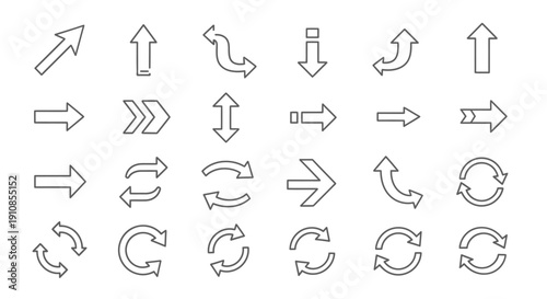 Set of outline arrows in various directions and styles, indicating movement and navigation, on a white background