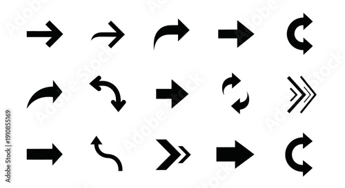 Set of black silhouette arrows in various directions and styles, indicating movement and navigation, on a white background