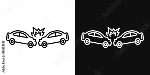 Car crash icons set in black and white thin line stroke