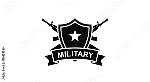 Black and white emblem featuring crossed weapons and a shield with a star