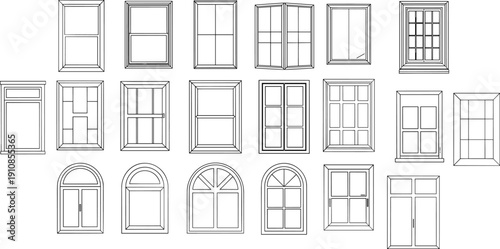 Architectural window designs collection, decorative frames illustration, rectangular and arched styles, creative pane layouts, construction and interior design inspiration