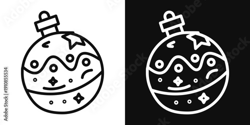 Christmas tree ball icons set in black and white thin line stroke