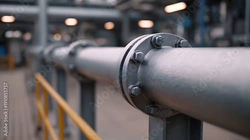 Close up of a large industrial metal pipeline with bolted flange in a factory setting