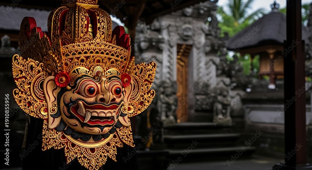 Obraz premium Ornate Mask Displayed at Traditional Temple Entrance with Intricate Carvings and Cultural Significance