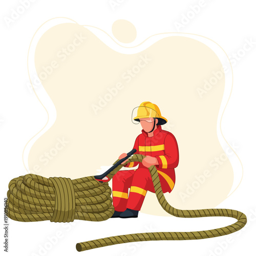 Firefighter with Hose and Rope. Safety Equipment. Illustration.