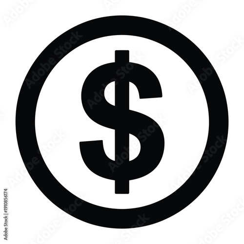 Simple black and white icon depicting a dollar sign within a circle