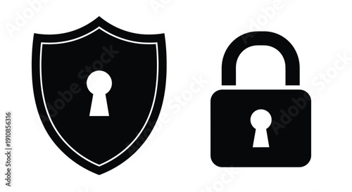 Black and white illustration of a shield and padlock icons
