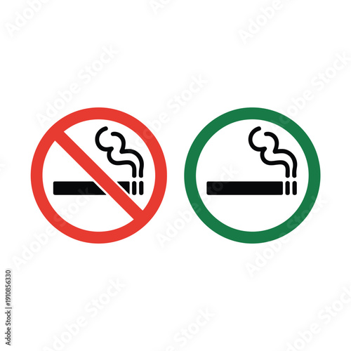 Two circular signs displaying smoking prohibition and permission statuses