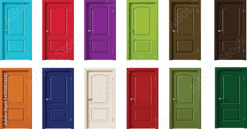 Colorful Interior Wooden Doors Collection with Modern Panel Designs Front Entrance Home Decor Vector Illustration Isolated on White Background