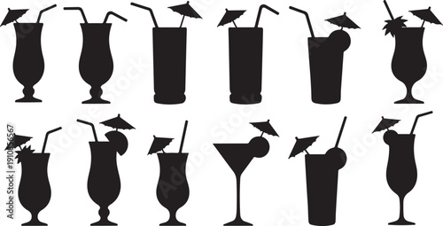 Set of classic cocktail glasses with straws and olives vector illustration, minimalist bar drink icons flat design