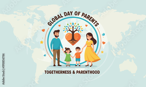 Global day of parents celebrating parenthood togetherness family. Happy family with parents and children hugging, celebrating global day of parents