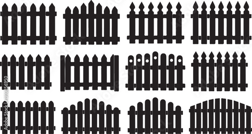 Set of nine 9 black picket fences in flat design vector illustration scalable for print and web