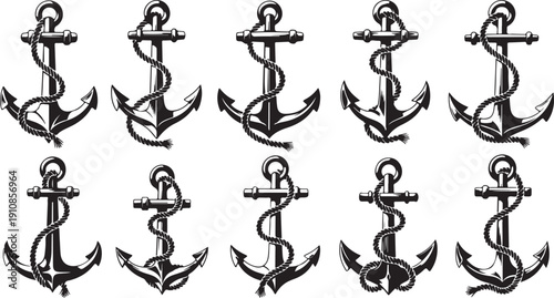 Set of 10 black nautical anchors isolated on white background vector illustration flat design scalable art