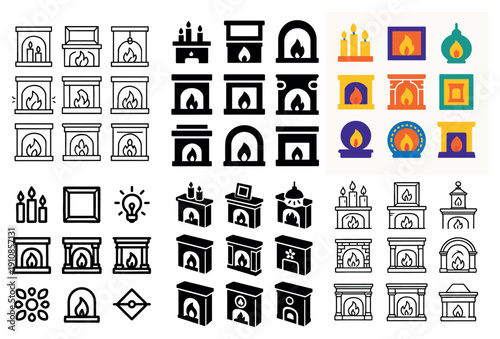 Elegant fireplace icon set: classic to modern styles