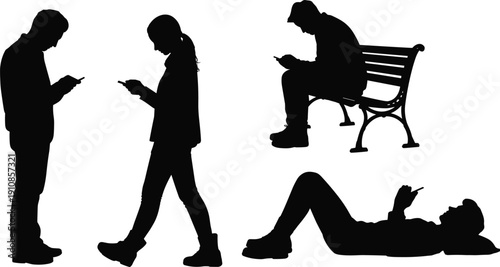 Black silhouette illustration of four people using smartphones, standing, walking, sitting, lying down, modern technology, digital lifestyle, social behavior, communication, isolation