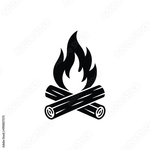 A simple black and white illustration of burning firewood logs