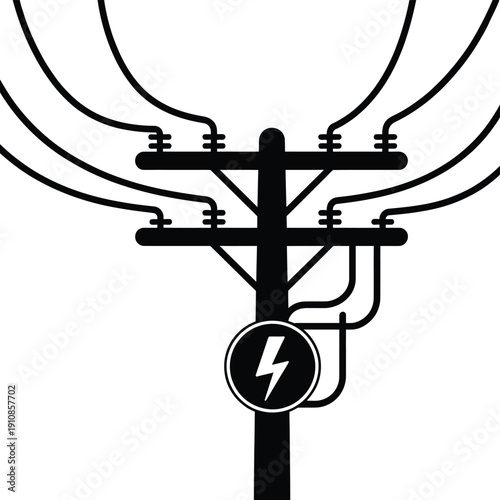 Black and white illustration of a power line with a lightning symbol