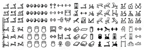 Fitness equipment icon set in outline style