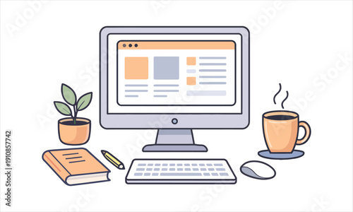 Computer desk setup with monitor, keyboard, mouse, notebook, and coffee