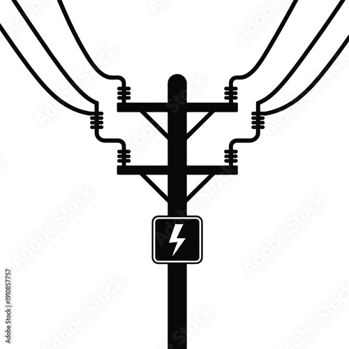 Simple black and white illustration of an electrical power pole with lightning