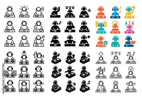 Dj icon set in various styles and colors
