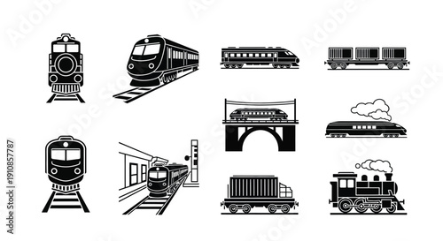 Black and white illustration depicting various types of trains and railway elements