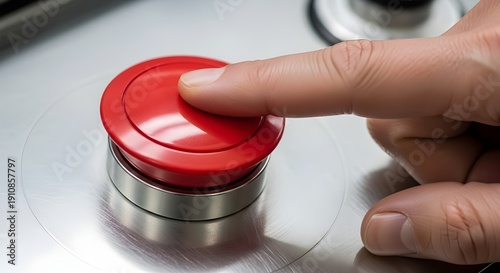 Hand pushing a large red button, triggering an emergency or important start action