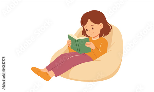Cartoon girl happily reading a captivating book while relaxing comfortably on a bean bag