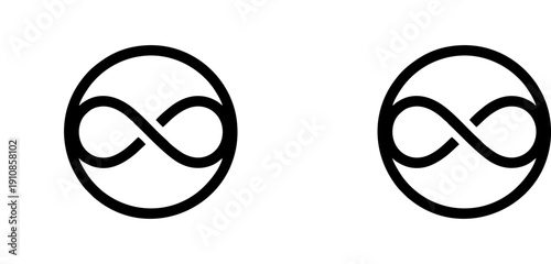 Minimal abstract vector illustration with two black circular icons featuring central infinity symbols enclosed within circles, symbolizing eternity, continuity, and limitless possibilities.
