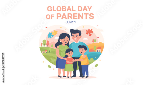 Global day of parents celebrating parenthood togetherness family. Happy family with parents and children hugging, celebrating global day of parents