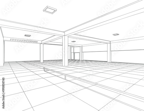 Interior building architecture construction outline vector, empty room perspective with ceiling and floor grid design